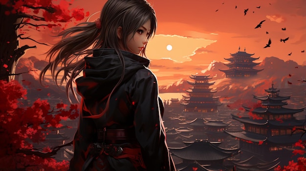 Anime girl young ninja girl on japan monument background