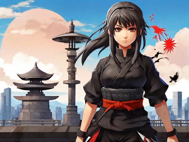 Anime girl young ninja girl on japan monument background