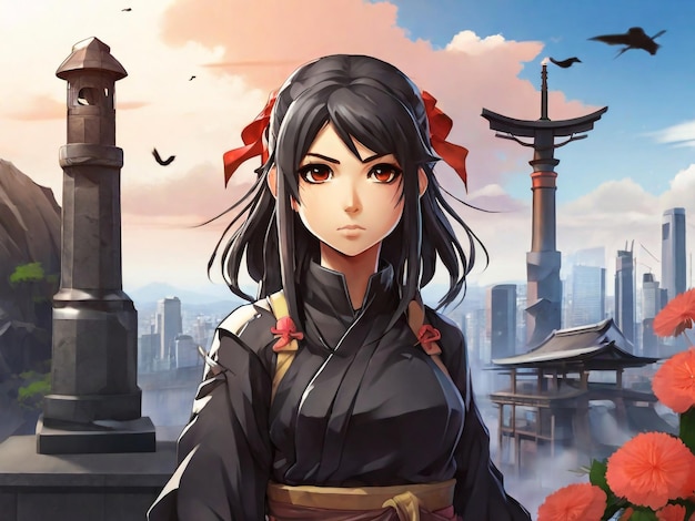 Anime girl young ninja girl on japan monument background