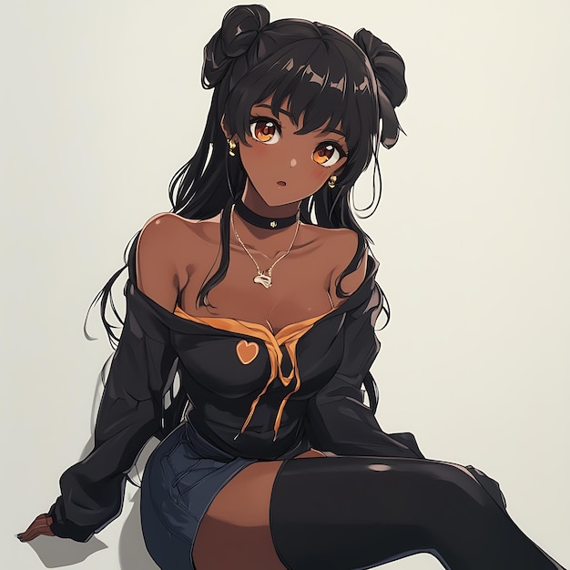 Anime Illustration of a Beautiful Woman with Black Hair and Brown Skin