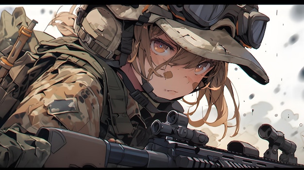 Anime illustration of a girl in a military helmet and camouflage