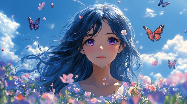 Photo anime illustration of a girl with blue hair and purple eyes in a flower field