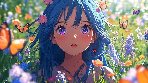 Anime Illustration of a Girl with Blue Hair and Purple Eyes in a Flower Field