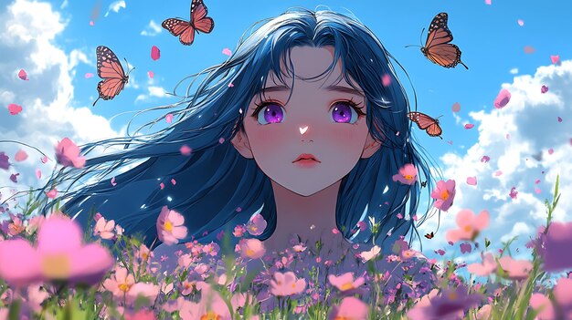 Photo anime illustration of a girl with blue hair and purple eyes in a flower field