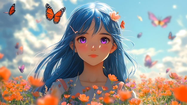 Anime Illustration of a Girl with Blue Hair and Purple Eyes in a Flower Field