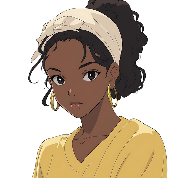 Anime Illustration of a Young Black Woman with Curly Hair