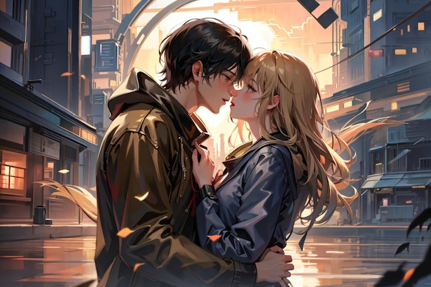 Photo anime illustration of a young couple hugging and kissing each other