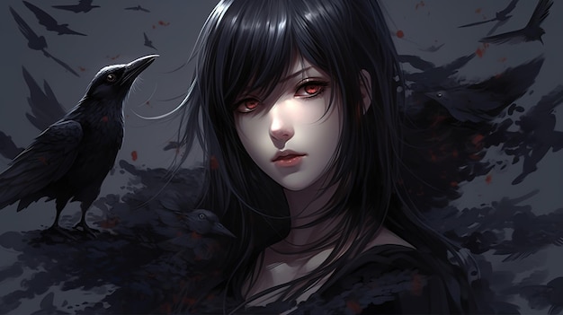 Anime illustration of a young woman with black hair and red eyes surrounded by crows generated ai