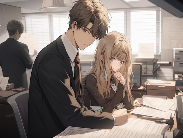 Photo anime image of a couple of people sitting at a desk generative ai