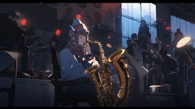 Anime image of a man playing a saxophone in a band generative ai