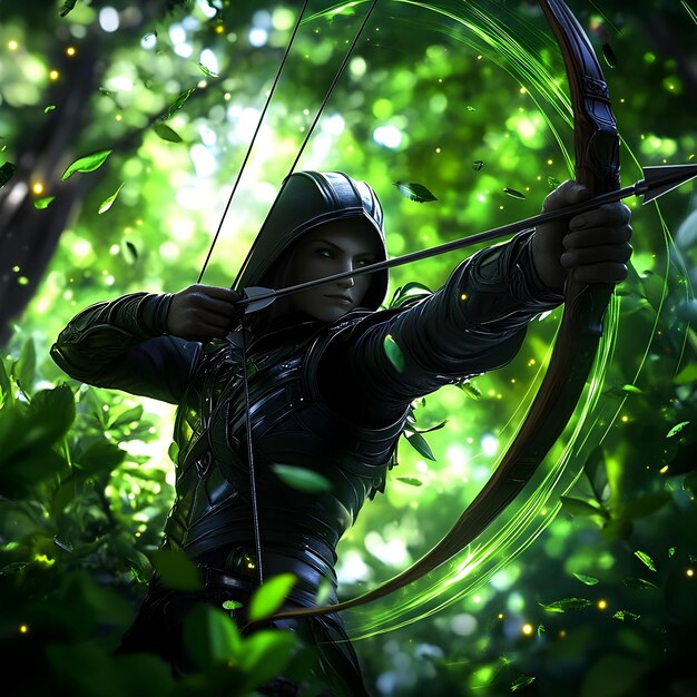 Photo anime inspired elven archer in serene fantasy landscape with bow and arrows