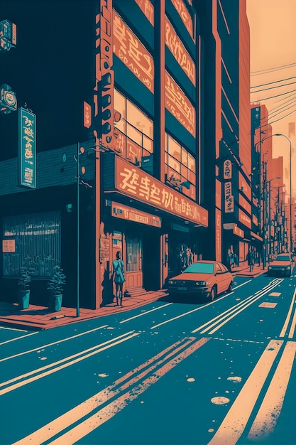 Anime Japan City retro halftone anime and manga illustration