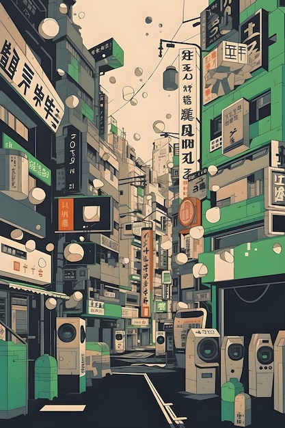 Anime Japan City retro halftone anime and manga illustration