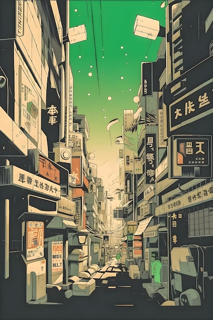 Anime Japan City retro halftone anime and manga illustration