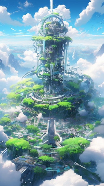 Anime landscape with a futuristic city surrounded by trees and clouds generative ai