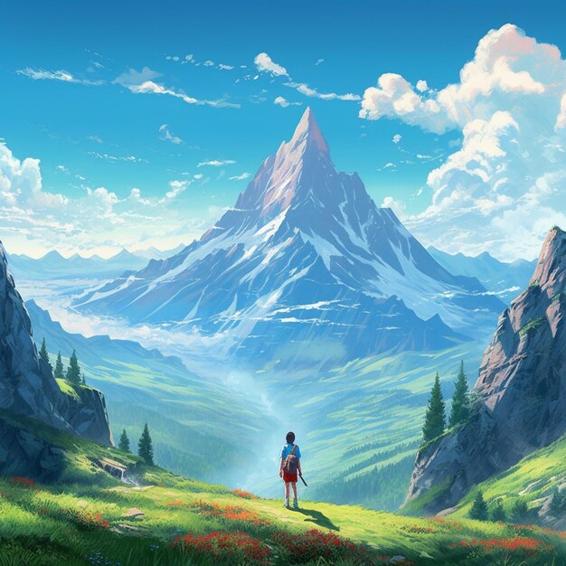 Anime landscape with a man standing on a hill looking at a mountain generative ai