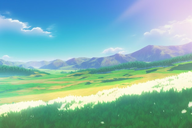 Anime landscape with a mountain in the background