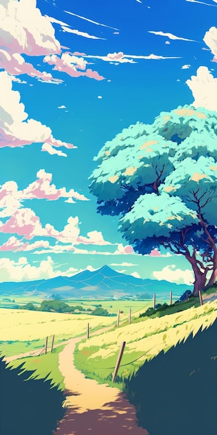 Anime landscape with a tree and mountains in the background