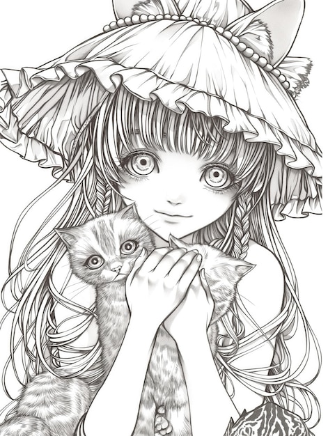 Photo anime little girl with kittens black and white image coloring book page