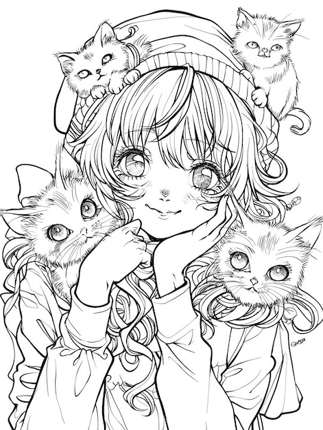 Photo anime little girl with kittens black and white image coloring book page