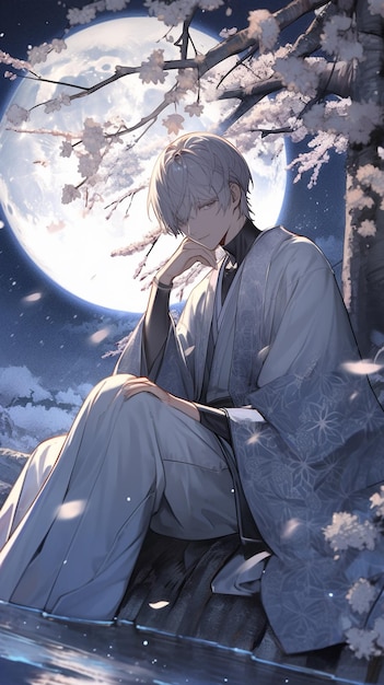 anime man sitting on a bench in front of a full moon generative ai