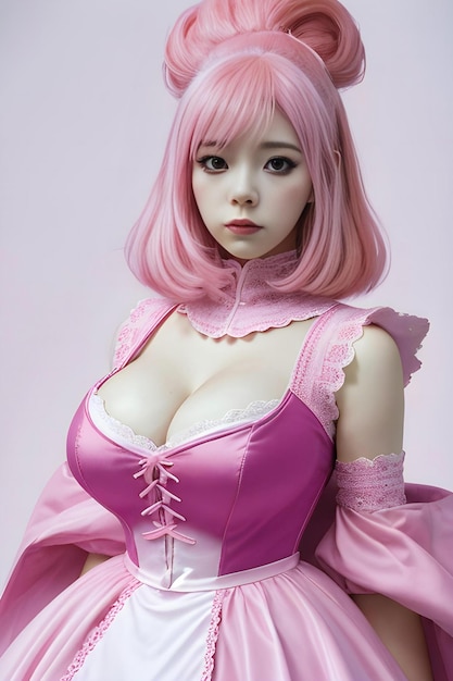 Anime manga girl doll in pink corset and pink dress