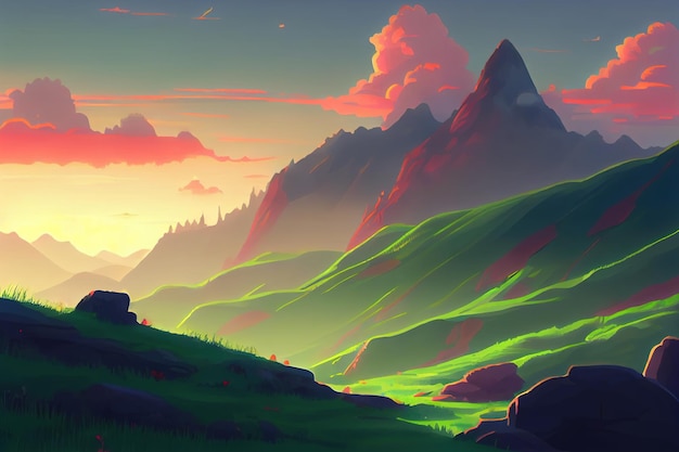 Anime mountain sunset view Generative AI