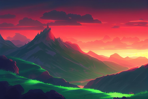 Anime mountain sunset view Generative AI