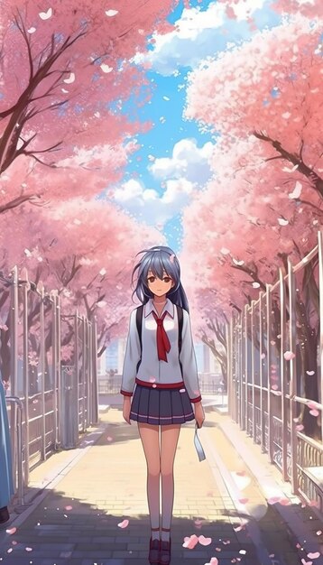 Anime person walking the street with cherry blossoms