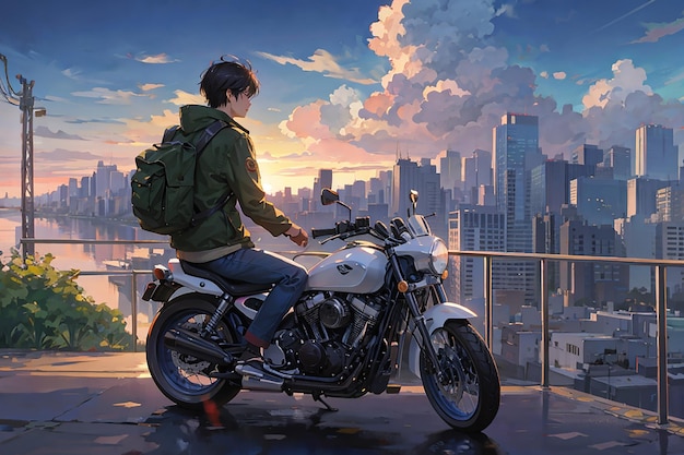 Anime sad boy standing with a bike and looking nature cityscape a city desktop wallpaper background