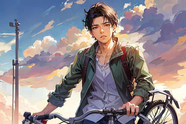 Anime sad boy standing with a bike and looking nature cityscape a city desktop wallpaper background