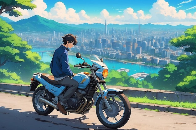 Anime sad boy standing with a bike and looking nature cityscape a city desktop wallpaper background