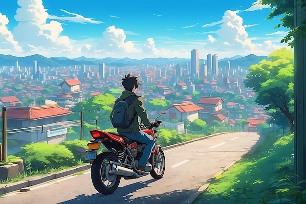 Anime sad boy standing with a bike and looking nature cityscape a city desktop wallpaper background