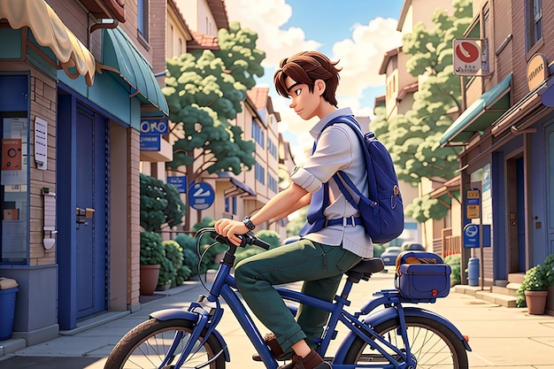 Anime sad boy standing with a bike and looking nature cityscape a city desktop wallpaper background