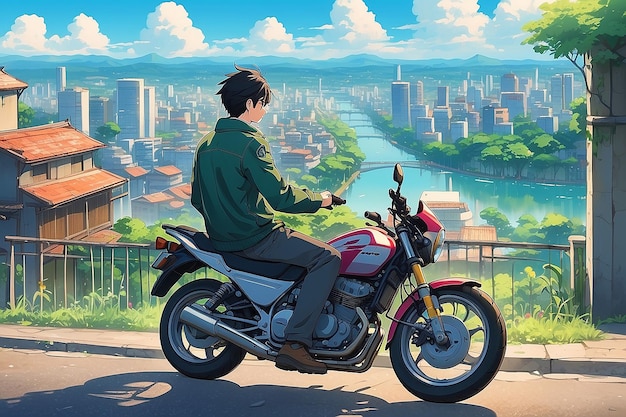 Anime sad boy standing with a bike and looking nature cityscape a city desktop wallpaper background