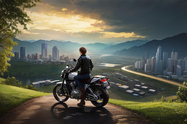 Anime sad boy standing with a bike and looking nature cityscape a city desktop wallpaper background