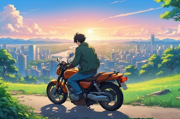 Anime sad boy standing with a bike and looking nature cityscape a city desktop wallpaper background