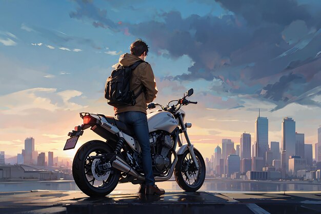 Anime sad boy standing with a bike and looking nature cityscape a city desktop wallpaper background