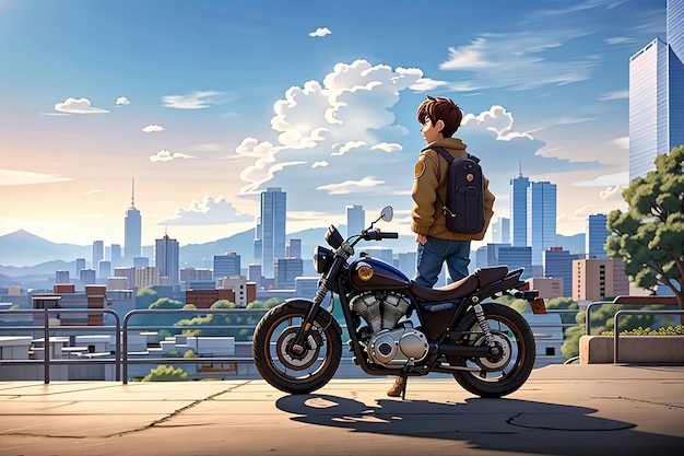 Anime sad boy standing with a bike and looking nature cityscape a city desktop wallpaper background