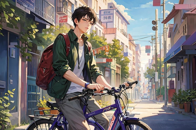 Anime sad boy standing with a bike and looking nature cityscape a city desktop wallpaper background