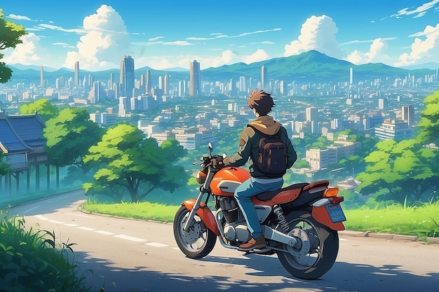 Anime sad boy standing with a bike and looking nature cityscape a city desktop wallpaper background