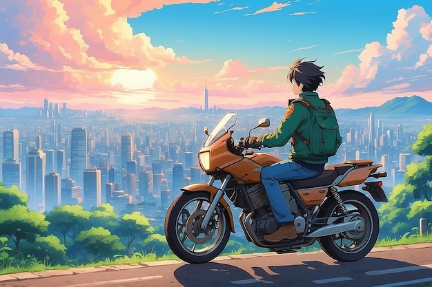 Anime sad boy standing with a bike and looking nature cityscape a city desktop wallpaper background