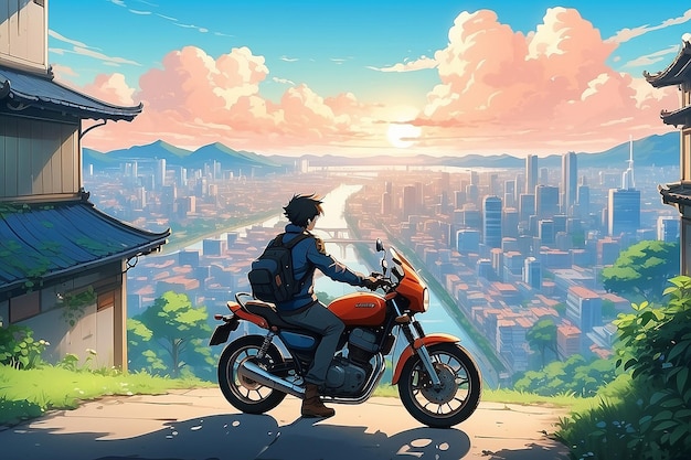 Anime sad boy standing with a bike and looking nature cityscape a city desktop wallpaper background