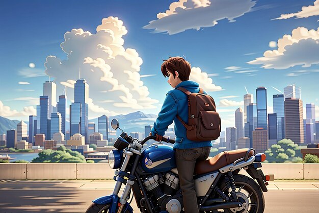 Anime sad boy standing with a bike and looking nature cityscape a city desktop wallpaper background