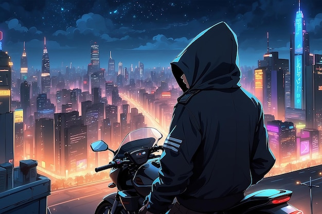 Anime sad boy standing with a bike and looking nature cityscape a city desktop wallpaper background