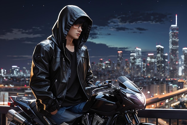 Anime sad boy standing with a bike and looking nature cityscape a city desktop wallpaper background