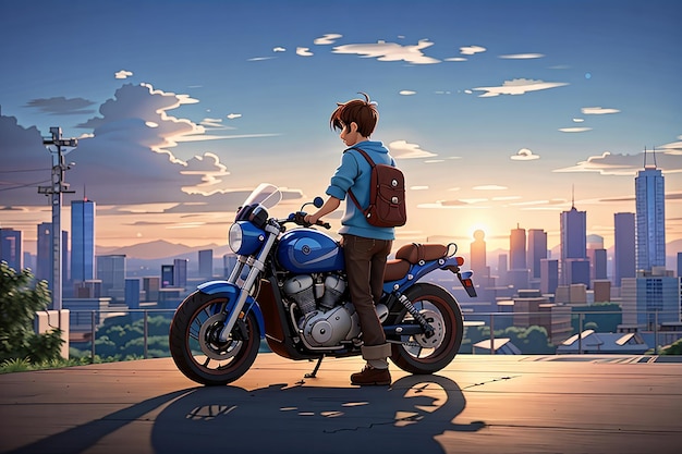 Anime sad boy standing with a bike and looking nature cityscape a city desktop wallpaper background