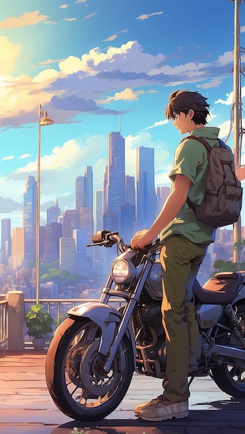 Anime sad boy standing with a bike and looking nature cityscape a city mobile wallpaper background