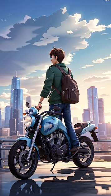 Anime sad boy standing with a bike and looking nature cityscape a city mobile wallpaper background