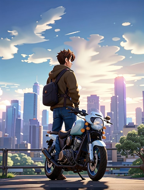 Anime sad boy standing with a bike and looking nature cityscape a city mobile wallpaper background